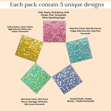 Confect Easter Sprinkles Edible | Assorted Pack Of 5 Parrot Green, Pink, Sky Blue And Yellow Pearls & Stars I Cookies, Desserts