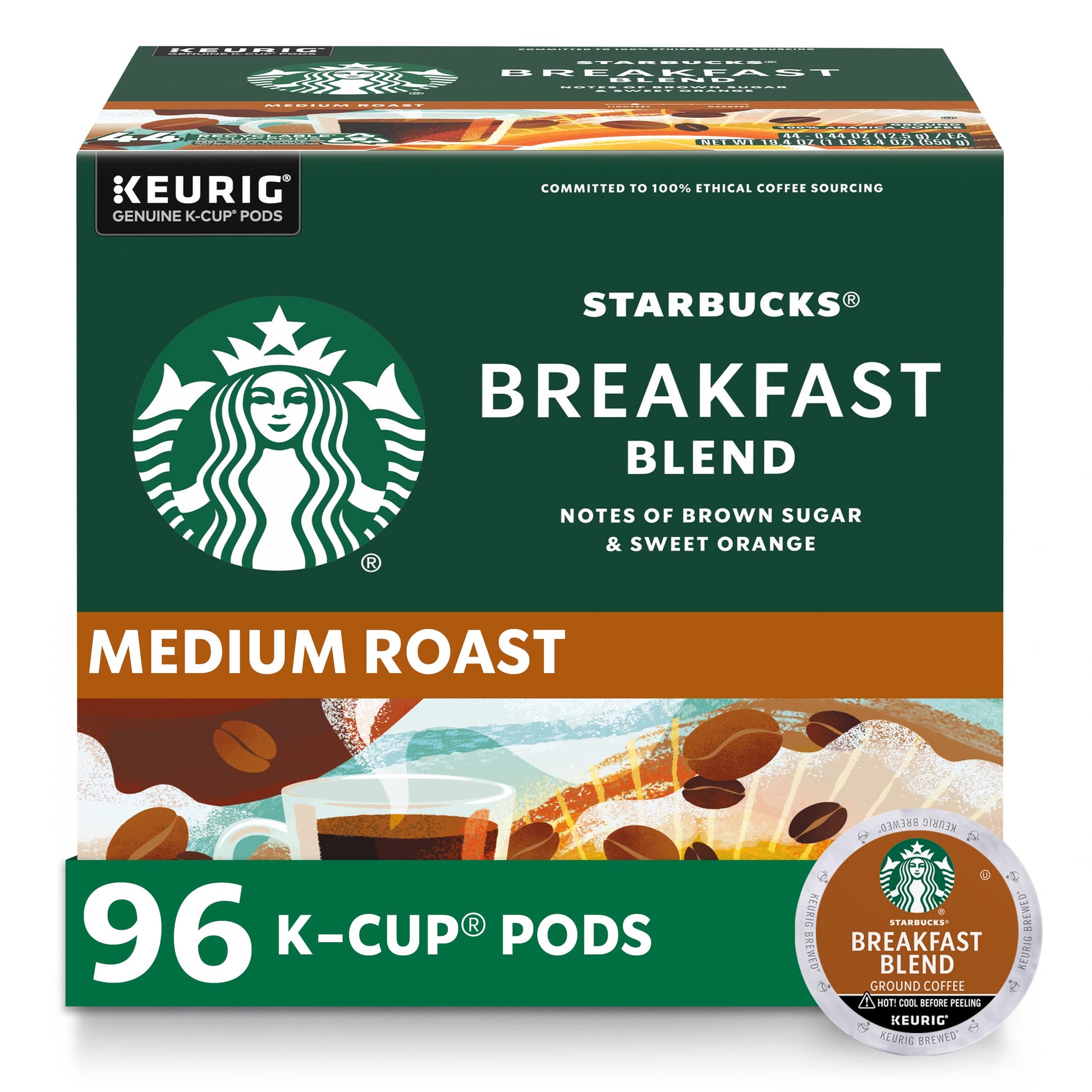 Starbucks K-Cup Coffee Pods, Medium Roast, Breakfast Blend, 24 Count (Pack of 4), 100% Arabica, Model 011067984
