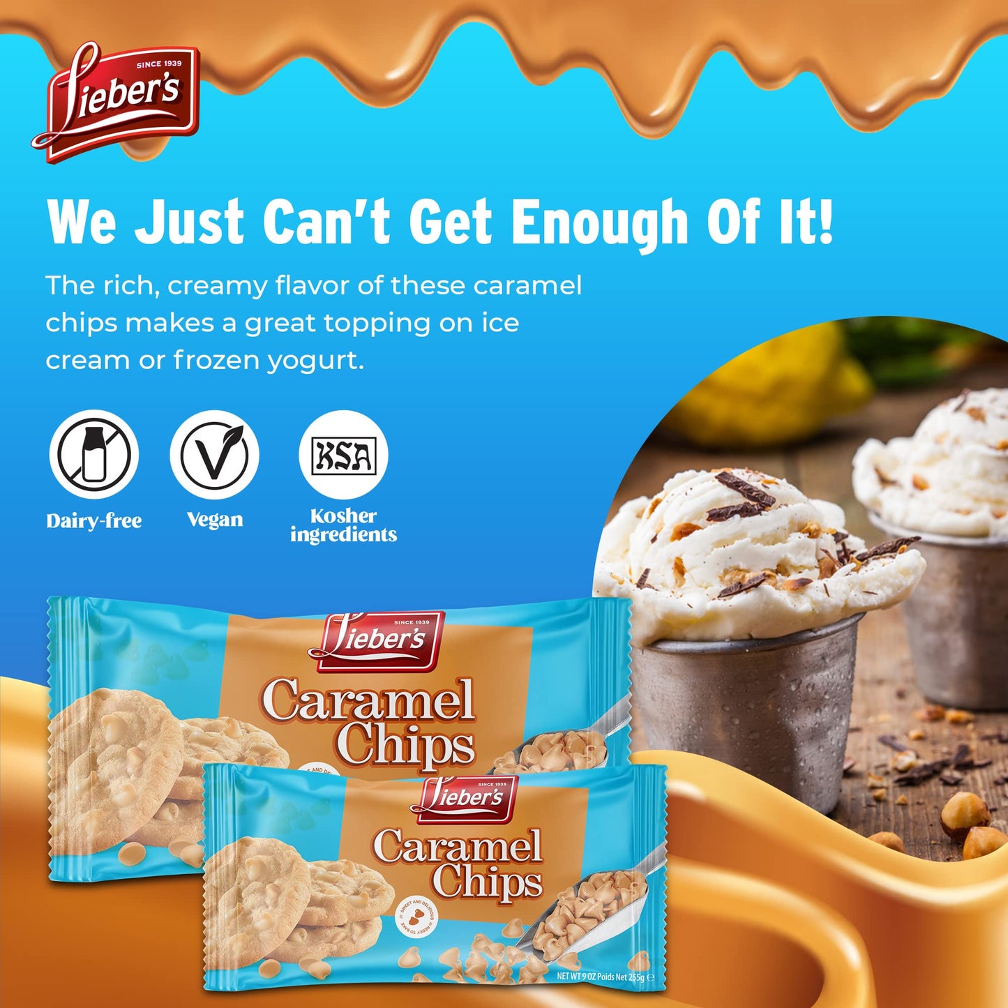 Liebers Real Caramel Chips, Baking Chips, Certified Kosher, 9 Oz Pack of 3