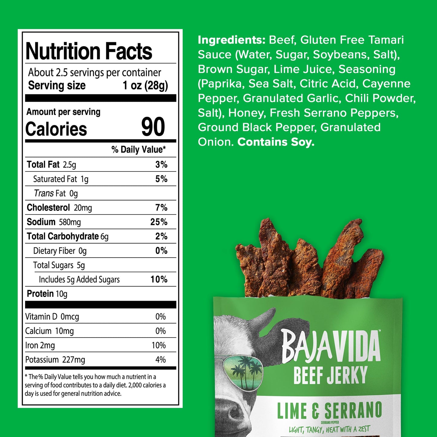 Baja Beef Vida Lime & Serrano Pepper Beef Jerky - Sweet And Spicy Beef Jerky Snack Packs, Healthy, Gluten-Free, All-Natural, No