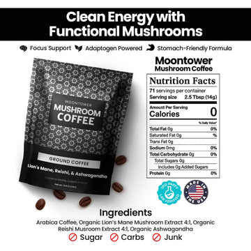 Moontower Mushroom Coffee - Adaptogen Blend with Ashwagandha & Lions Mane, 35 oz Ground Coffee for Focus & Clarity