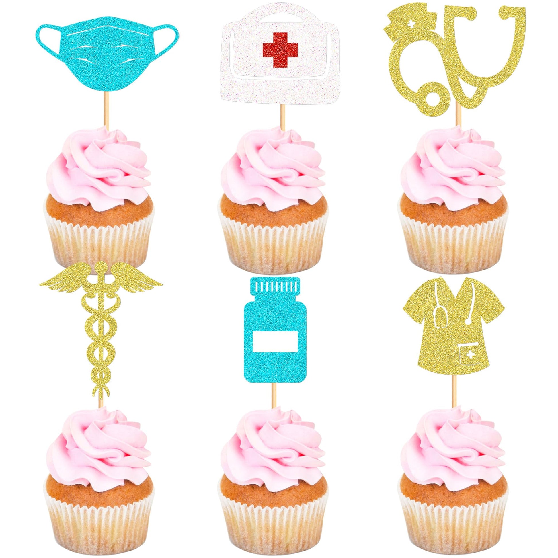 Ercadio Nurse Cupcake Toppers, 24 Pcs, Paper, Red, Happy Nurse Week, Cake Decorations for Nursing School Graduation Party