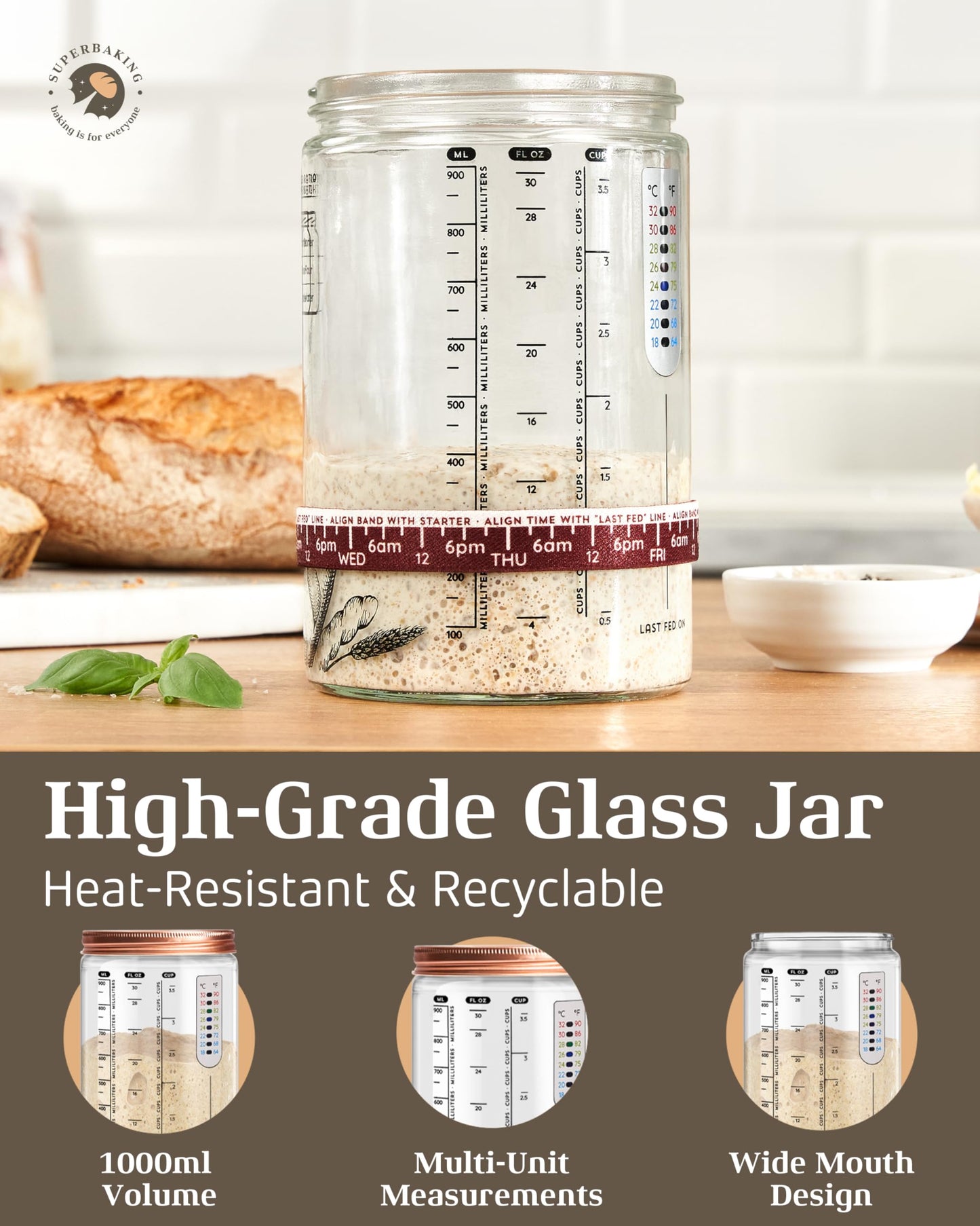 Superbaking Sourdough Starter Jar, Beginner Friendly Sourdough Starter Kit with 34oz Wide Mouth Glass Jar, Sour Dough Container