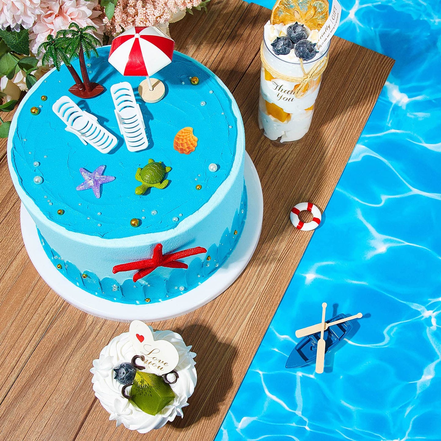 12 Pieces Hawaiian Beach Cake Decoration Summer Beach Chair And Umbrella Cake Toppers Green Palm Tree Cake Toppers For Hawaiian
