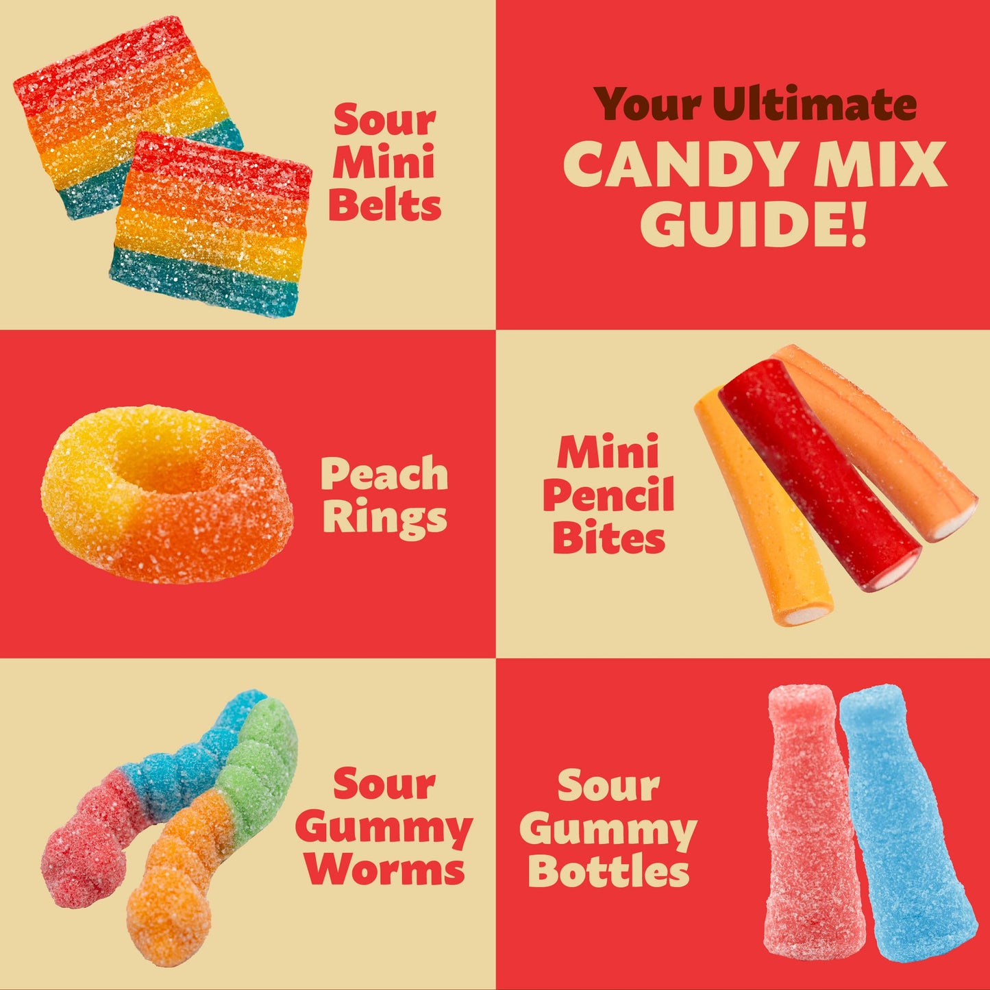 Gummy Candy Mix 2-Pound Bag | Peach Rings, Pencil Bites, Worms, Bottles, Belts | Sour And Sweet Treats