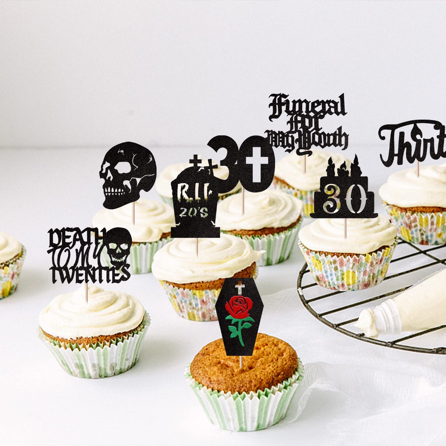 24 Pcs Death To My 20S Cupcake Toppers Glitter Rip 20S Cupcake Picks Death To My Twenties Funeral Cake Decorations For Rip To My