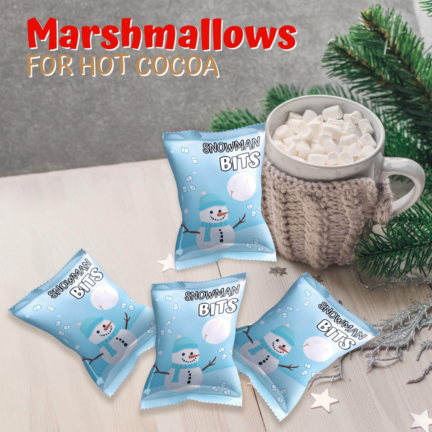4Es Novelty 50 Packs Snowman Bits Mini Marshmallow Packets  Vanilla Flavored  14 Marshmallows in Each Bag  Bulk Individually Wrapped Christmas Marshmallows For Hot Chocolate Bar Supplies Party