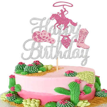1 PCS Cowgirl Happy Birthday Cake Topper Sliver Glitter Western Cowgirl Birthday Cake Pick Hat Boot Disco Cowgirl Cake Decoratio