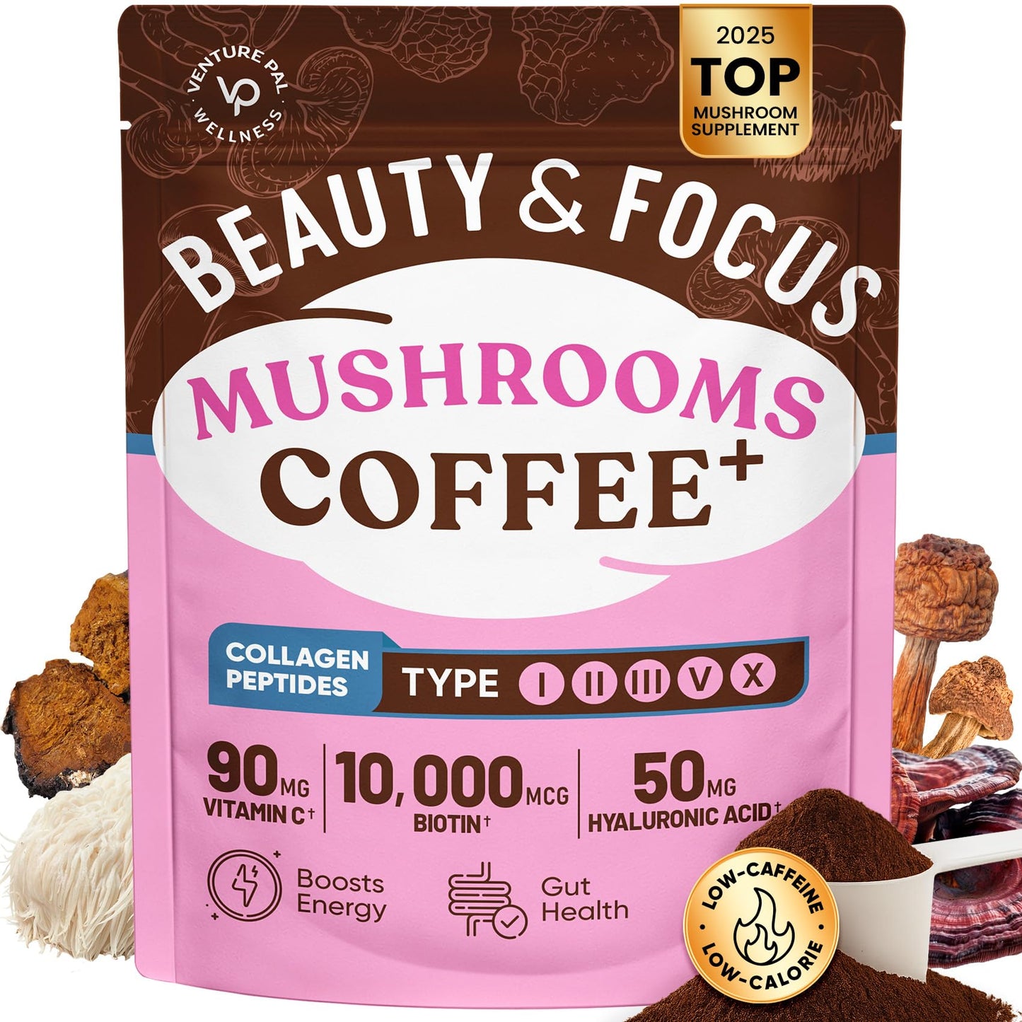 Venture Pal Mushroom Coffee With Multi Collagen  Biotin  Folate & Vitamin C - Instant Coffee With Lions Mane & Chaga  30 Servings