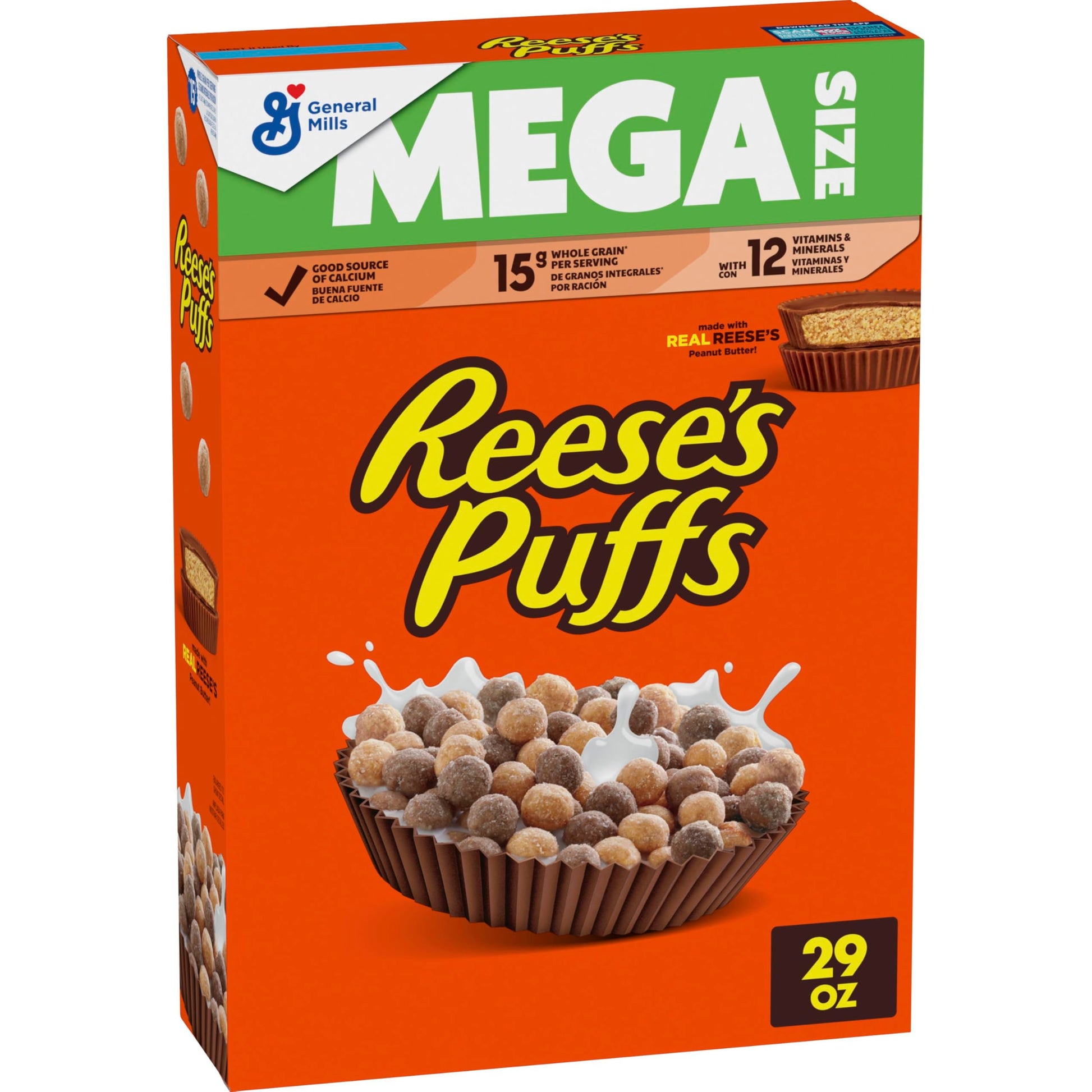 REESES PUFFS Chocolatey Peanut Butter Cereal, Kids Breakfast Cereal, Mega Size, 29 oz