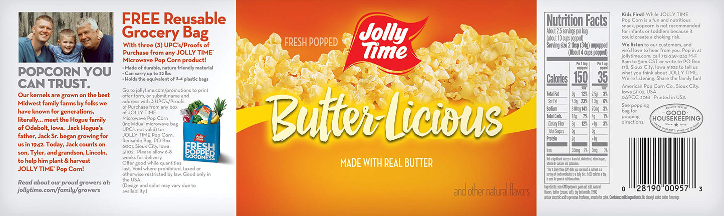 Jolly Time Microwave Popcorn Snack, Butter-Licious Flavor, Gluten Free, 3 Ounce (Pack of 24)