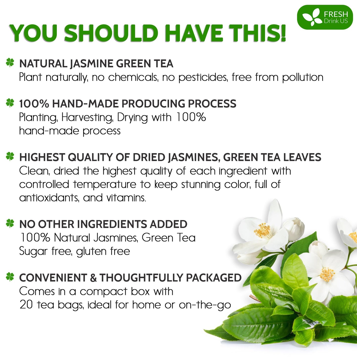 FRESHDRINKUS Jasmine Green Tea, 100% Natural, 20 Tea Bags, Vegan, No Sugar, No Gluten