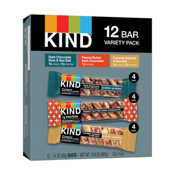 Kind Nut Bars Favorites Variety Count, 1.4 Ounce, 12 Count, Dark Chocolate Nuts And Sea Salt, Peanut Butter Dark Chocolate, Cara