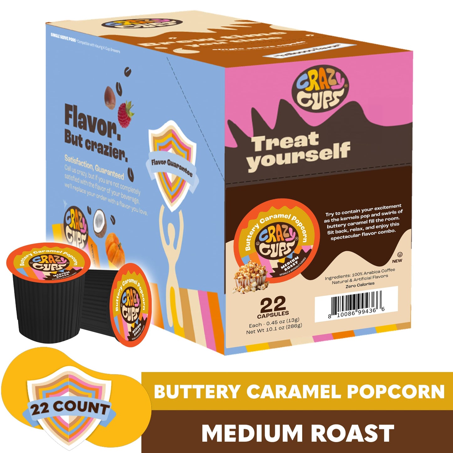 Crazy Cup Flavored Coffee Pods, Buttery Caramel Popcorn Coffee Pods For K Cup Keurig Machines, Brew Hot Or Iced, 22 Count