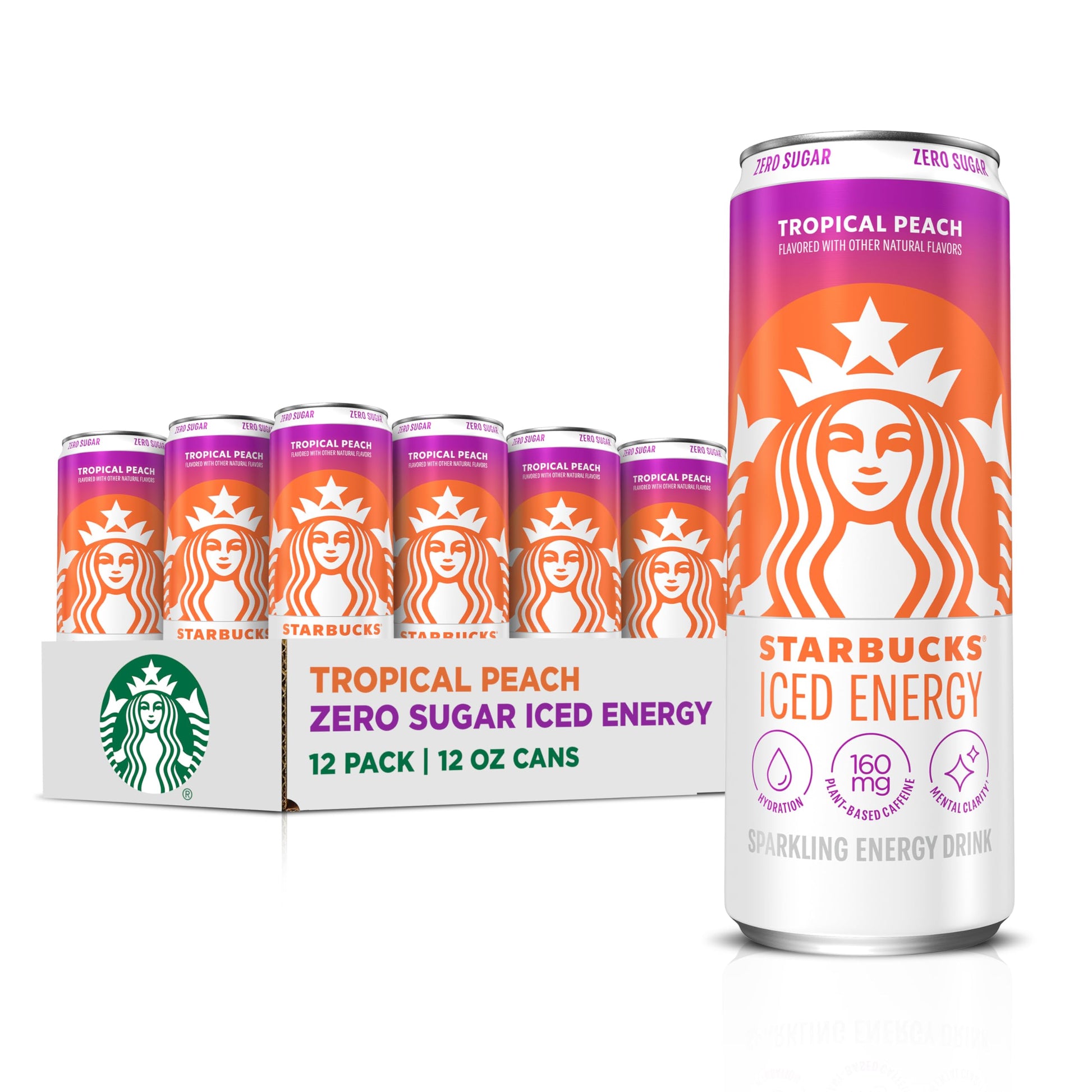 Starbucks Iced Energy Drink, Tropical Peach, Zero Sugar, Plant Based Caffeine, 12 Fl Oz Cans (Pack of 12)
