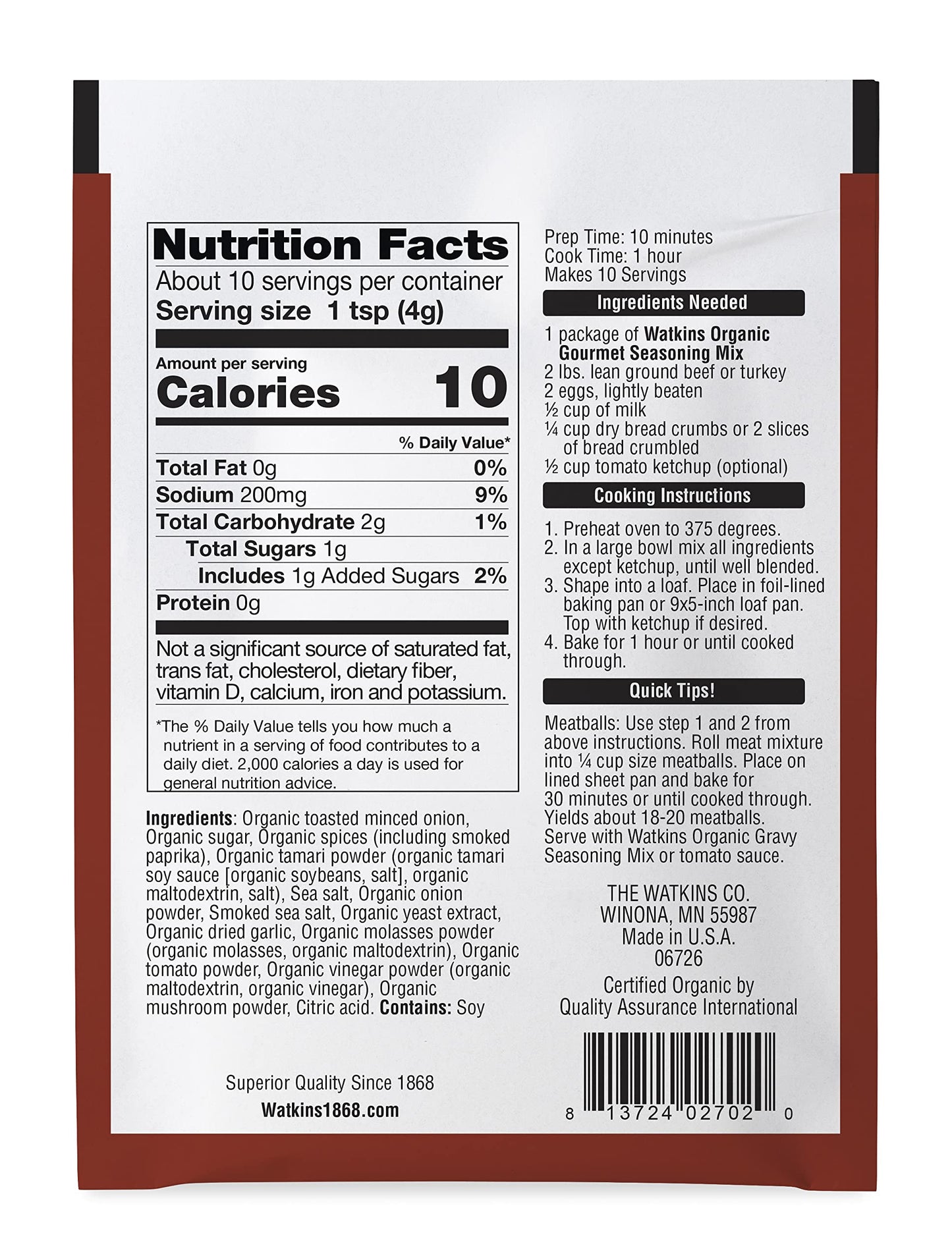Watkins Organic Gourmet Seasoning Mix, Meatloaf, 1.5 Oz. Pouch, 1 Count (Pack of 4)