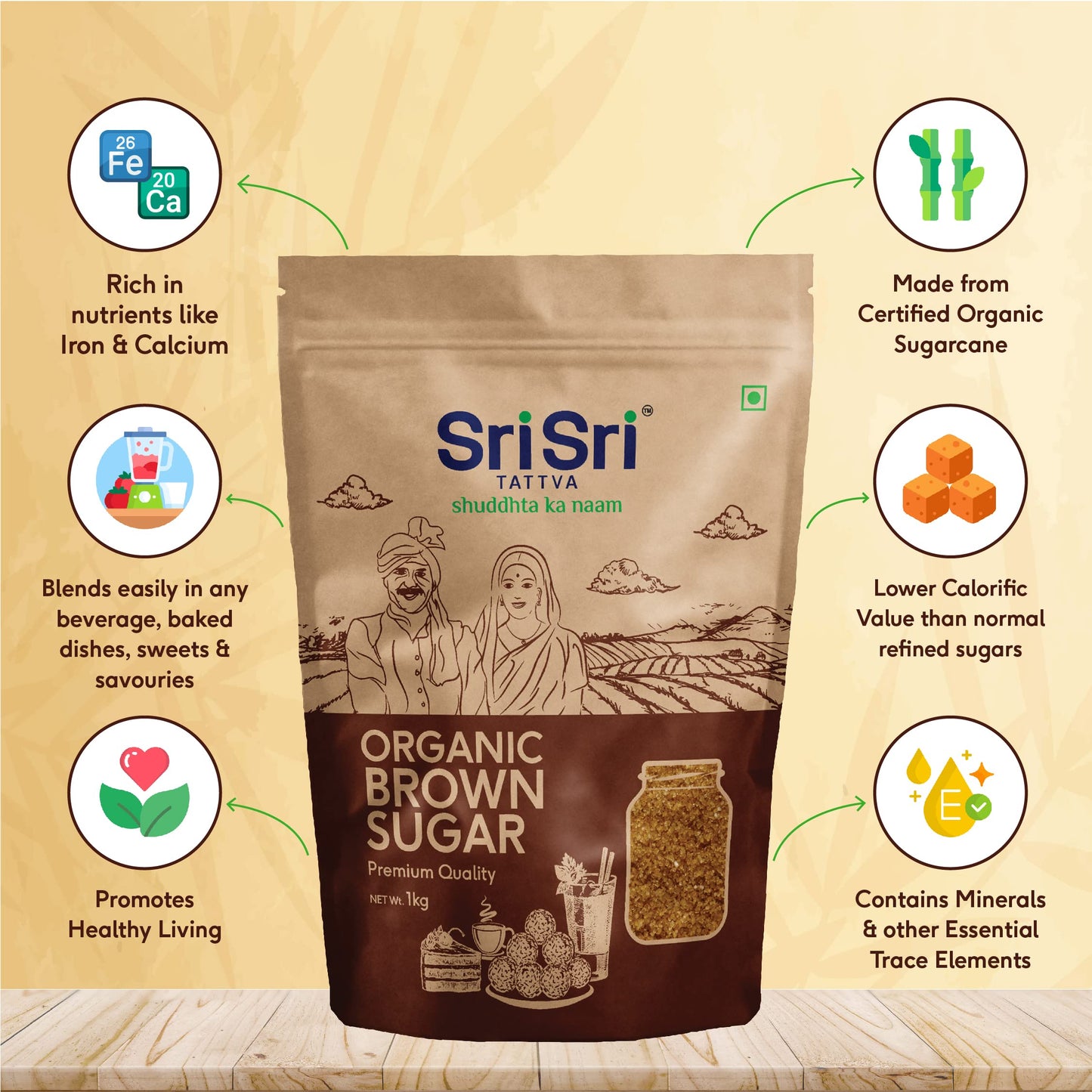 Sri Sri Tattva Organic Brown Sugar - 1Kg (Pack Of 1) - Natural & Refined Cane Sugar - Prime Quality - Rich In Minerals