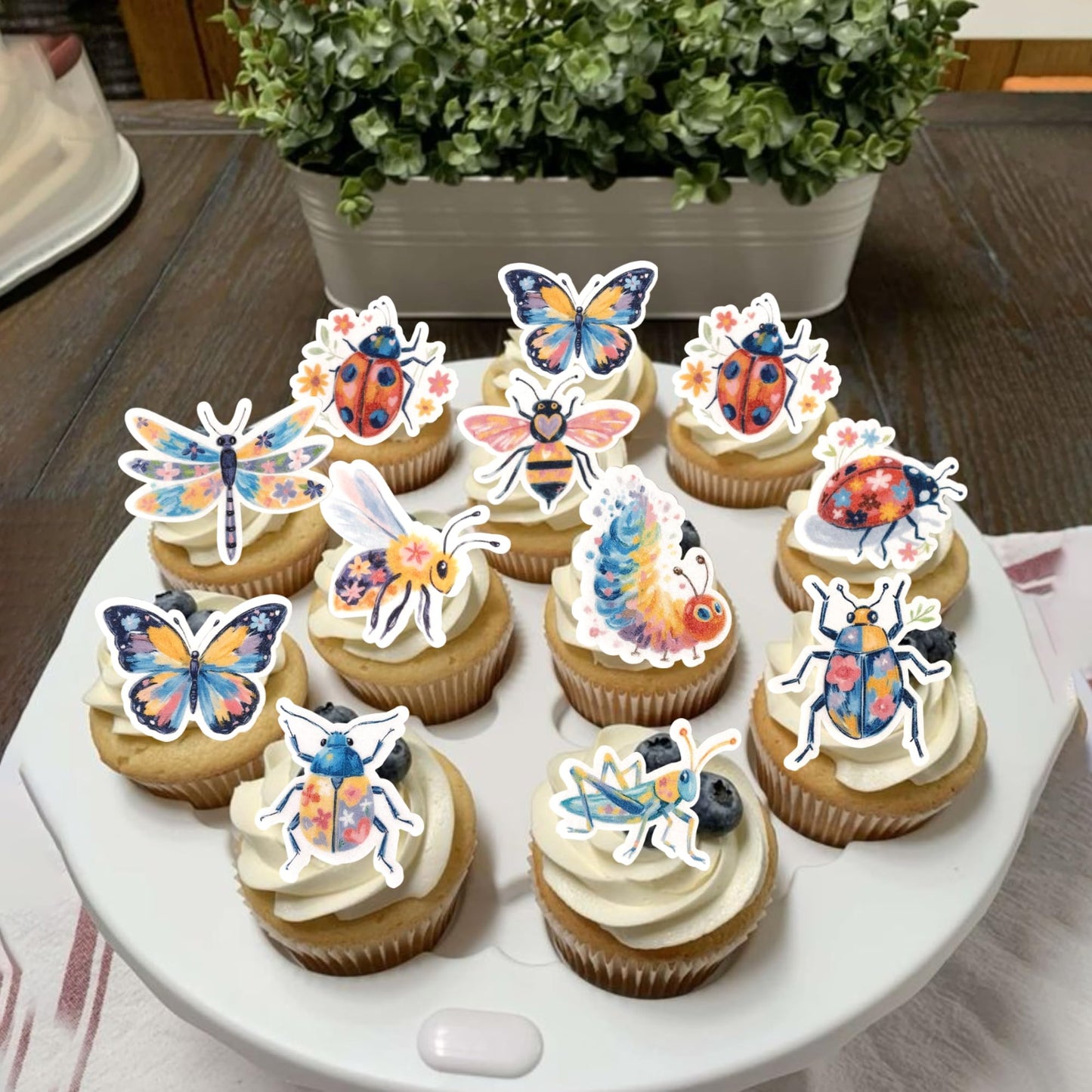 ZHUOWEISM Edible Insect Cupcake Toppers, 60 PCS, Ladybugs, Grasshopper, Dragonfly, Caterpillar, Butterfly, Bee, Design 7