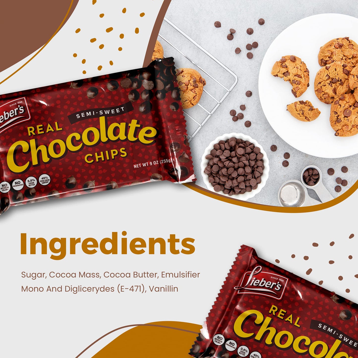 Lieber’s Vegan Semi-Sweet Chocolate Chips, Gluten Free, Dairy Free, 9 oz (Pack of 6)