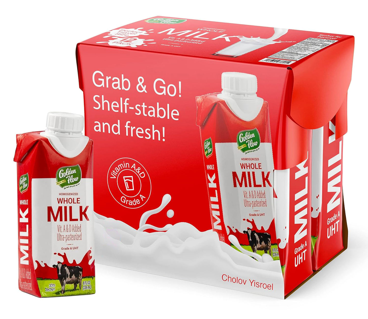 Golden Flow Shelf Stable Whole milk - UHT Boxed Milk - Fortified with Vitamins A & D -No Refrigeration Needed, Cholov Yisroel, K