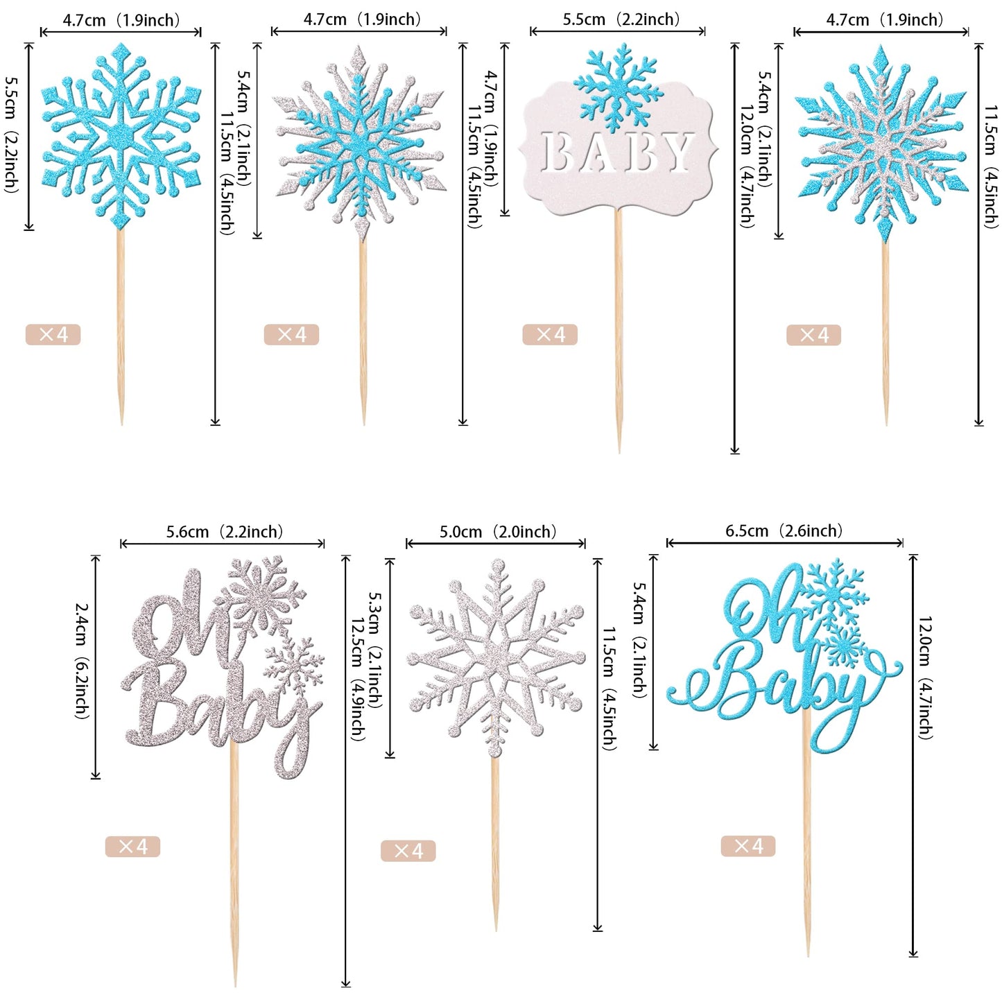 28 PCS Snowflake Oh Baby Cupcake Toppers Glitter Winter Frozen Theme Baby Snowflake Cupcake Picks for Winter Wonderland Gender R