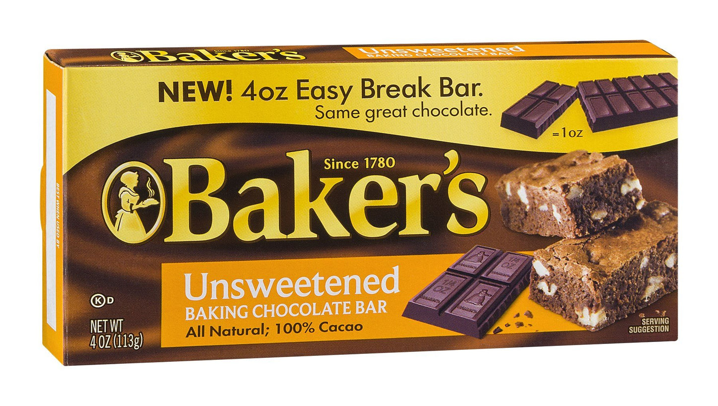 Bakers Premium Unsweetened Chocolate Baking Bar, 4 Ounce (Pack of 12)