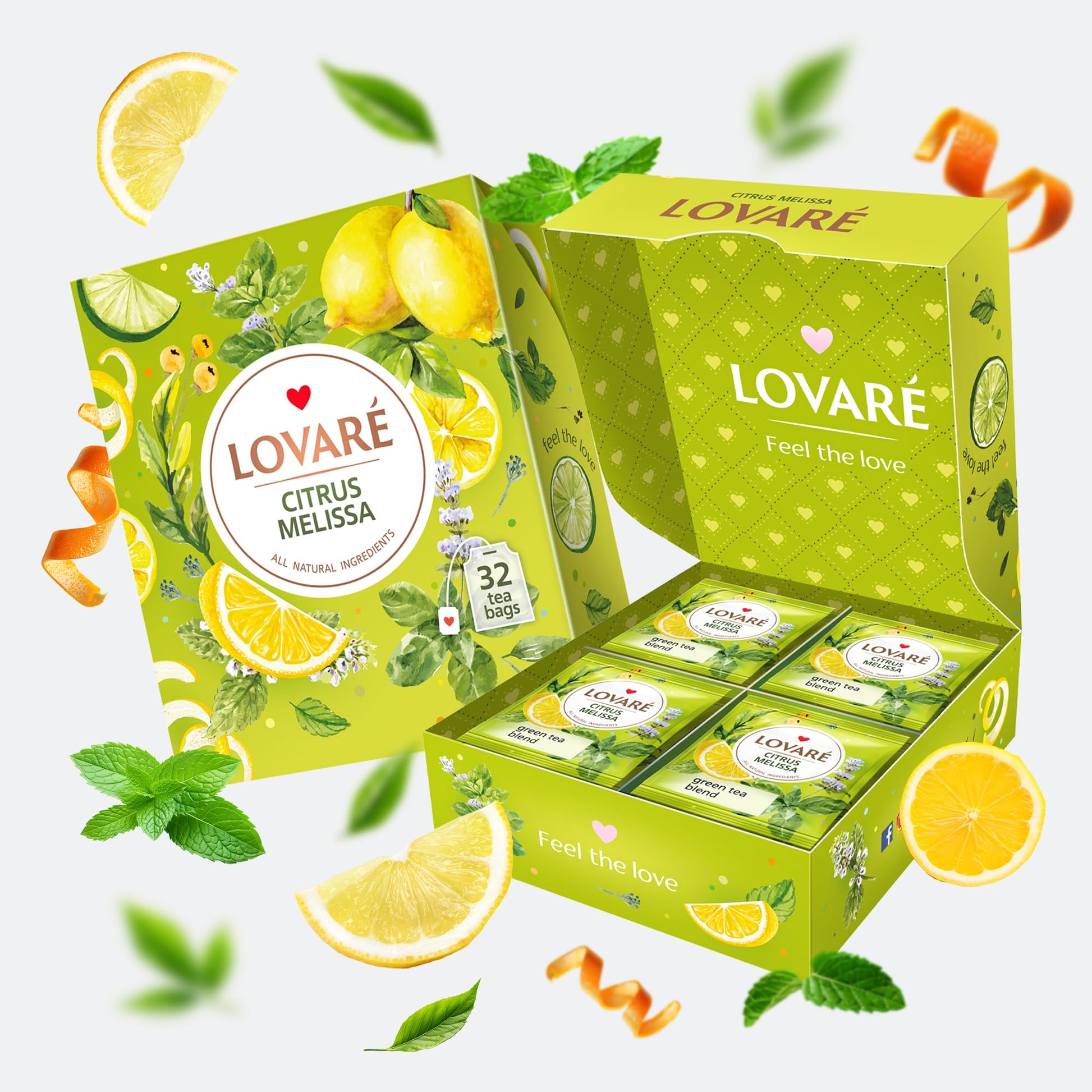 LOVARE Citrus Melissa Tea Bags - Green Tea, Mint, Lemongrass, Orange Peel - 32 Individually Wrapped Bags (1.5 g Each)