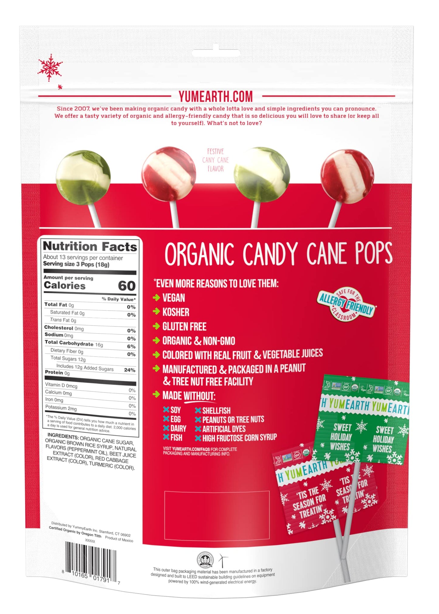 Yumearth Holiday Organic Candy Cane Pops 40 Winter Wrapped Pops Allergy Friendly Gluten Free Non-Gmo Vegan No Artificial Flavors