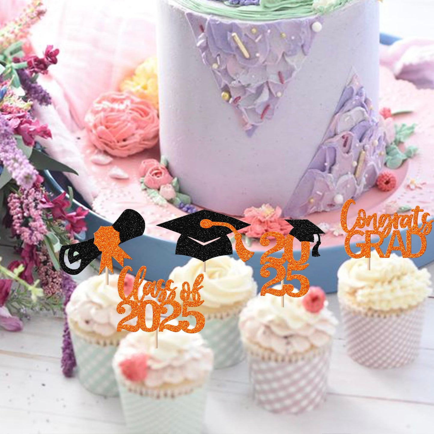YCTHUNFISH Graduation Cupcake Toppers, 30-Pack Glitter Grad Cap & Diploma Picks, Orange and Black, Bamboo, Class of 2025 Decorations