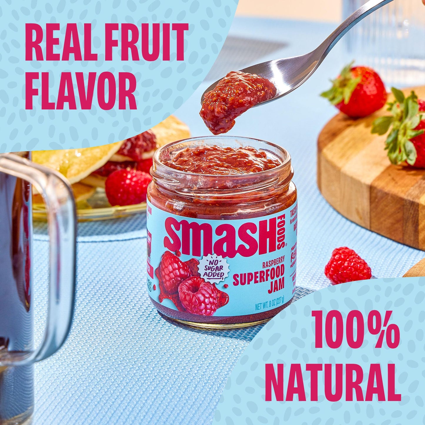 Chia Smash Raspberry Jam - No Sugar Added, Keto Friendly, Vegan - 6 Jars, 8oz