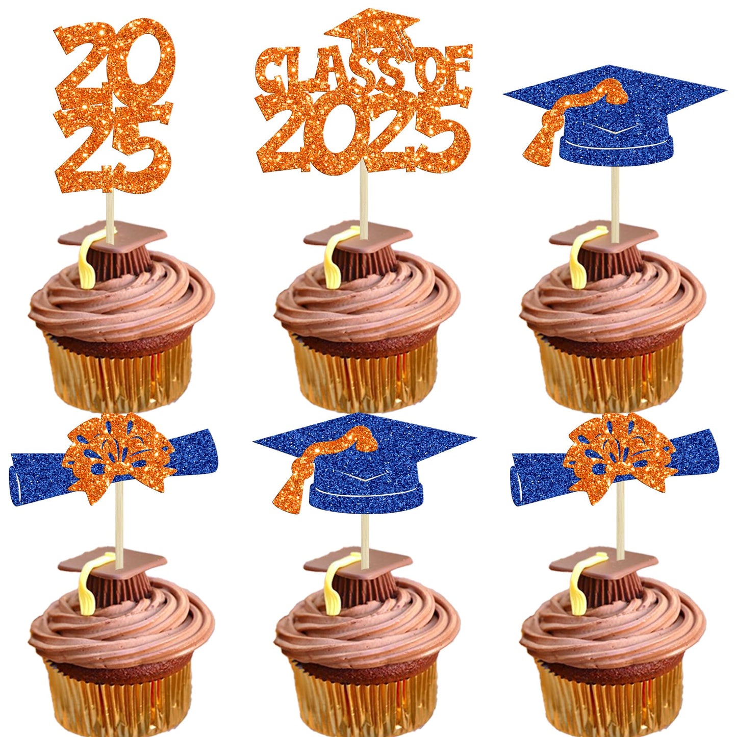 Ephlyn Graduation Cupcake Toppers 36Pcs Glitter Class of 2025 Orange Blue Paper Decorations