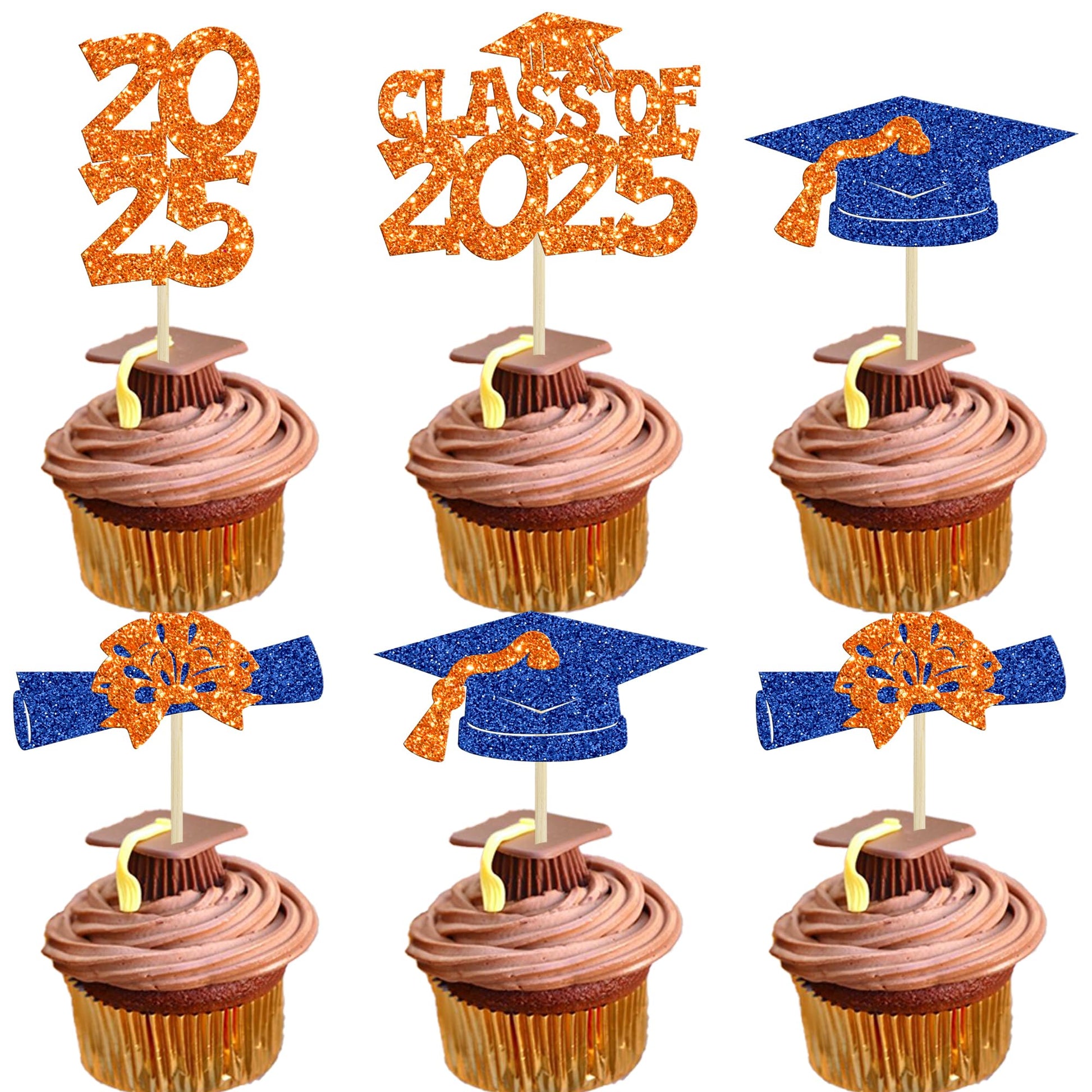 Ephlyn Graduation Cupcake Toppers 36Pcs Glitter Class of 2025 Orange Blue Paper Decorations
