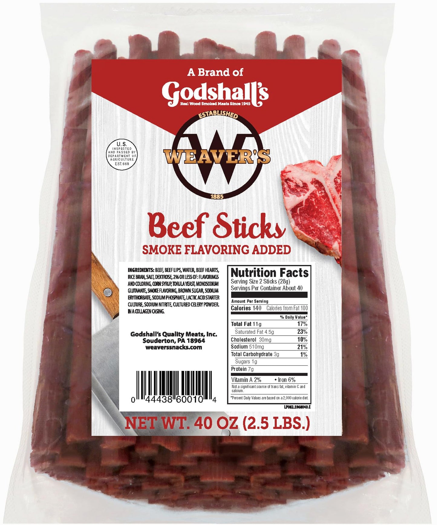 WEAVERS Beef Sticks - Original Mild Flavor, 7 Length, 40oz Bag (80 Sticks), 2.5 Pound Pack