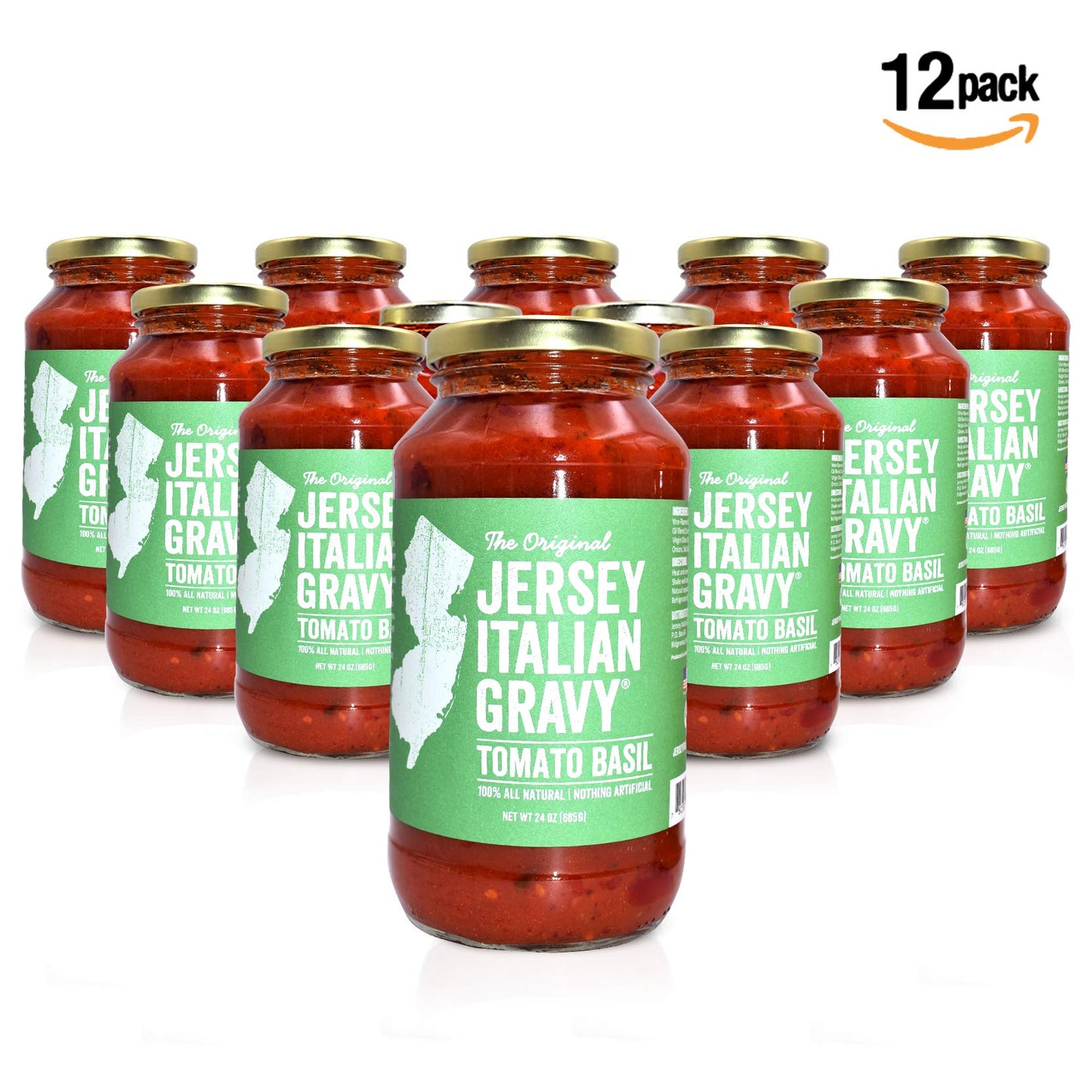Jersey Italian Gravy-24 Oz Jar-Gourmet, All Natural All Purpose Tomato Sauce For Pasta And More, No Artificial Ingredients- Vegan Friendly-Authentic Recipe For Pasta, (Tomato Basil, 12 Pack)