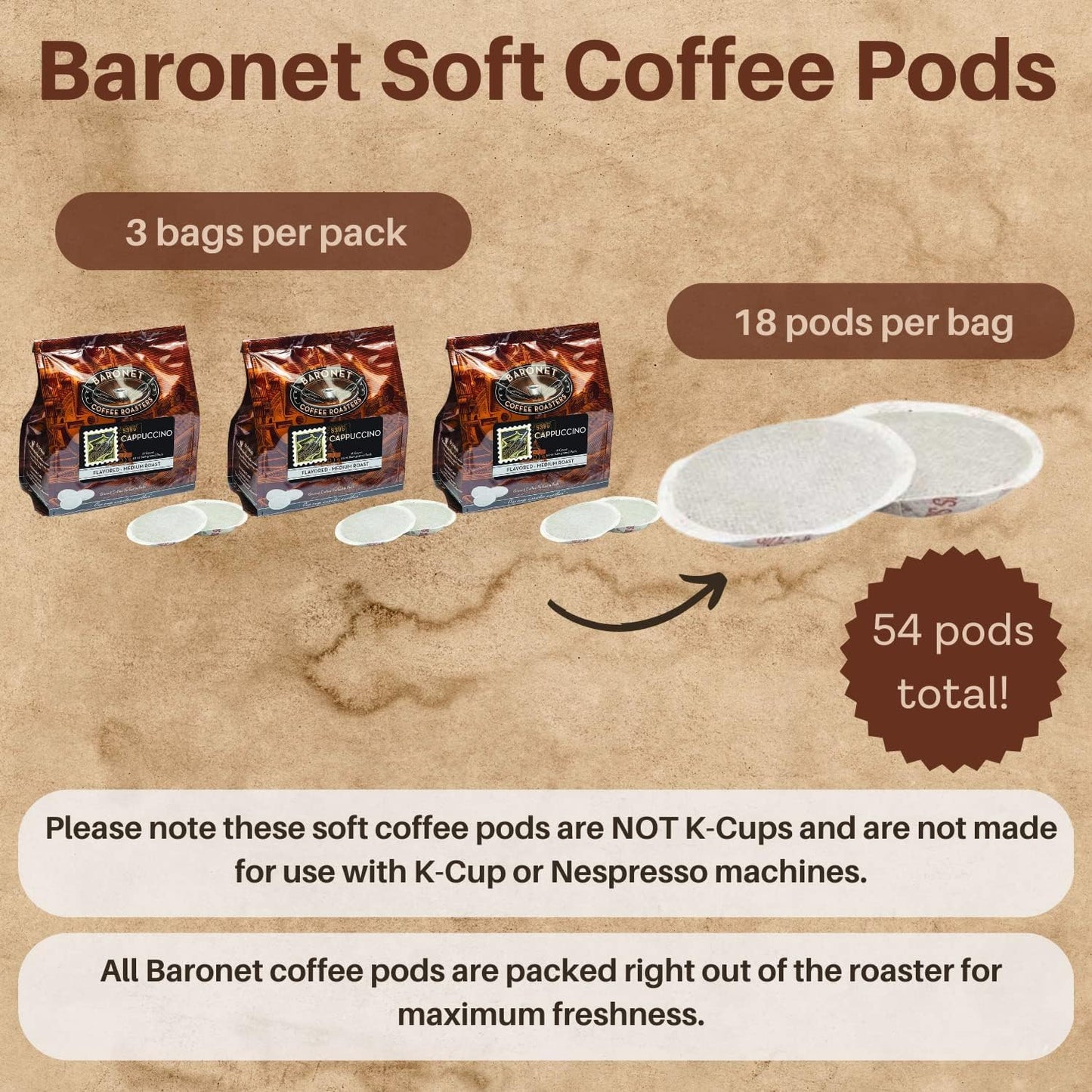 Baronet Coffee Pods Cappuccino - 54 Single Serve Pods, Regular Strength, Medium Roast, 18 Count (Pack of 3)