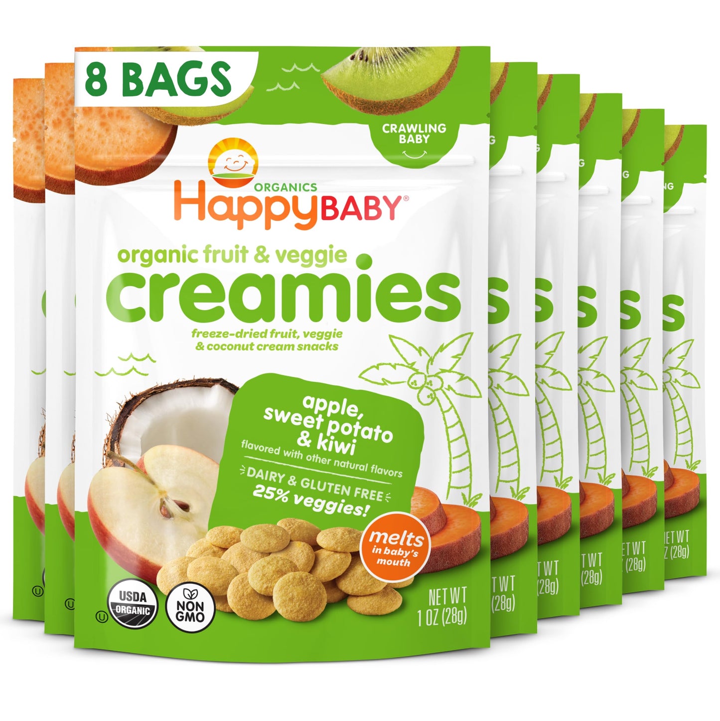 Happy Baby Organic Creamies Freeze Dried Fruit, Veggie, & Coconut Cream Snacks, With Apple, Sweet Potato, And Kiwi, Made For Crawling Baby, 1 Ounce (Pack Of 8)