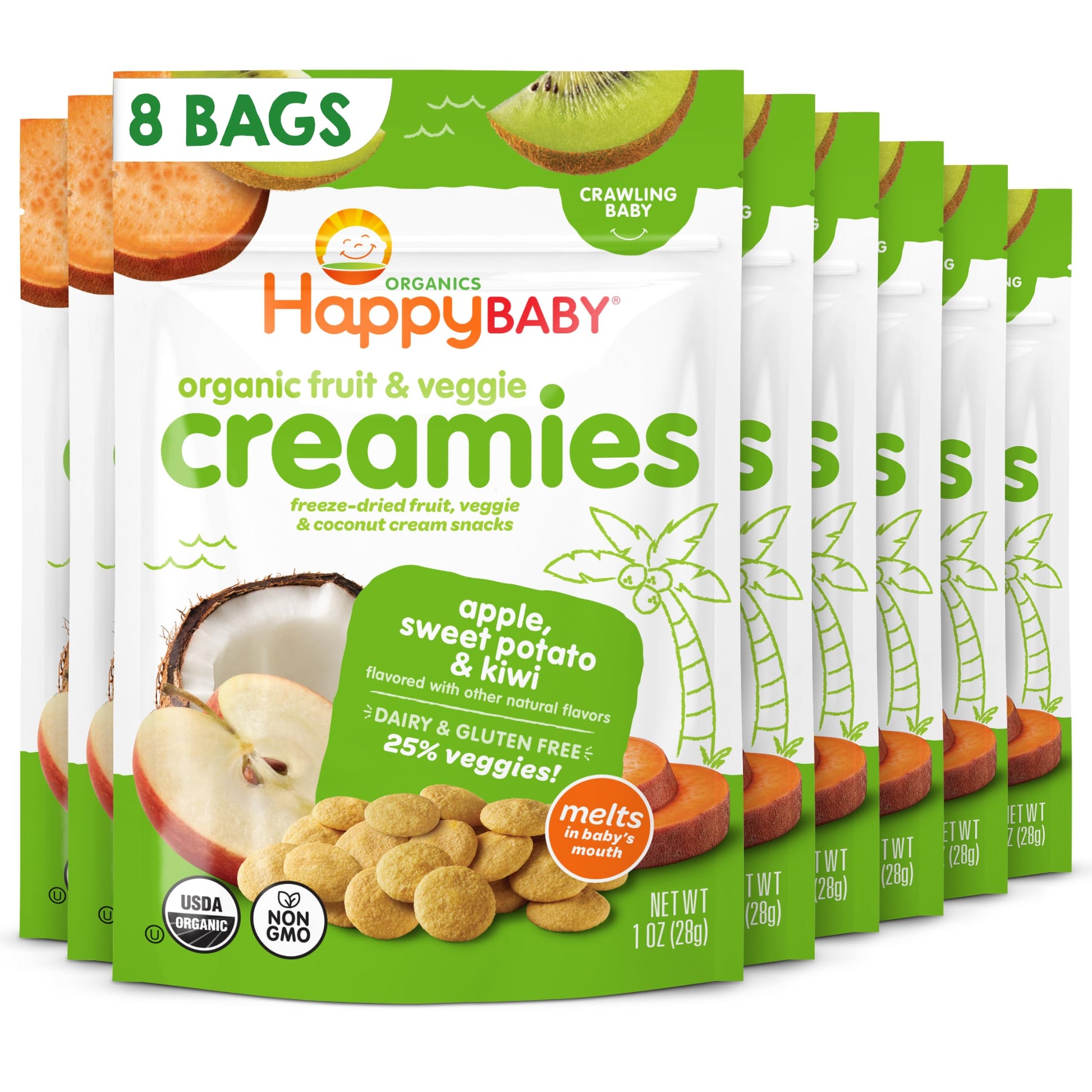 Happy Baby Organic Creamies Freeze Dried Fruit, Veggie, & Coconut Cream Snacks, With Apple, Sweet Potato, And Kiwi, Made For Crawling Baby, 1 Ounce (Pack Of 8)
