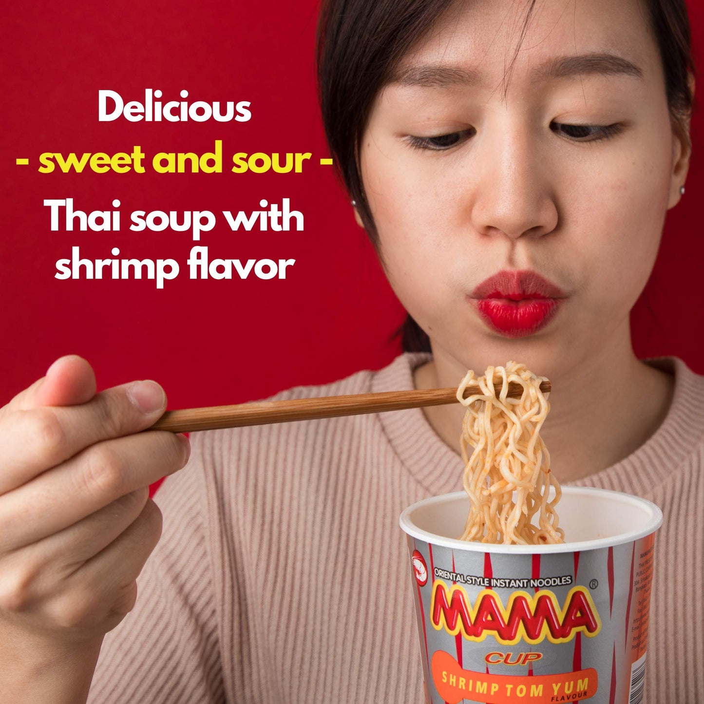 Mama Noodles Shrimp Tom Yum Instant Cup Of Noodles W/Delicious Thai Flavors, Hot & Spicy Noodles With Shrimp Tom Yum Soup Base,