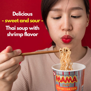 Mama Noodles Shrimp Tom Yum Instant Cup Of Noodles W/Delicious Thai Flavors, Hot & Spicy Noodles With Shrimp Tom Yum Soup Base,