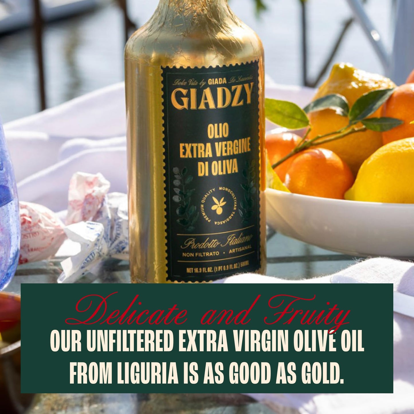 Giadzy By Giada De Laurentiis Olive Oil Extra Virgin - Premium Unfiltered Cold-Pressed Italian Olive Oil, Gold Wrap, Made In Ita
