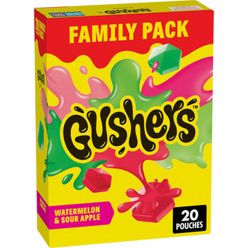 Gushers Fruit Flavored Kids Snacks, Watermelon and Sour Apple Flavor, 20 Pouches, Family Pack, 16 oz
