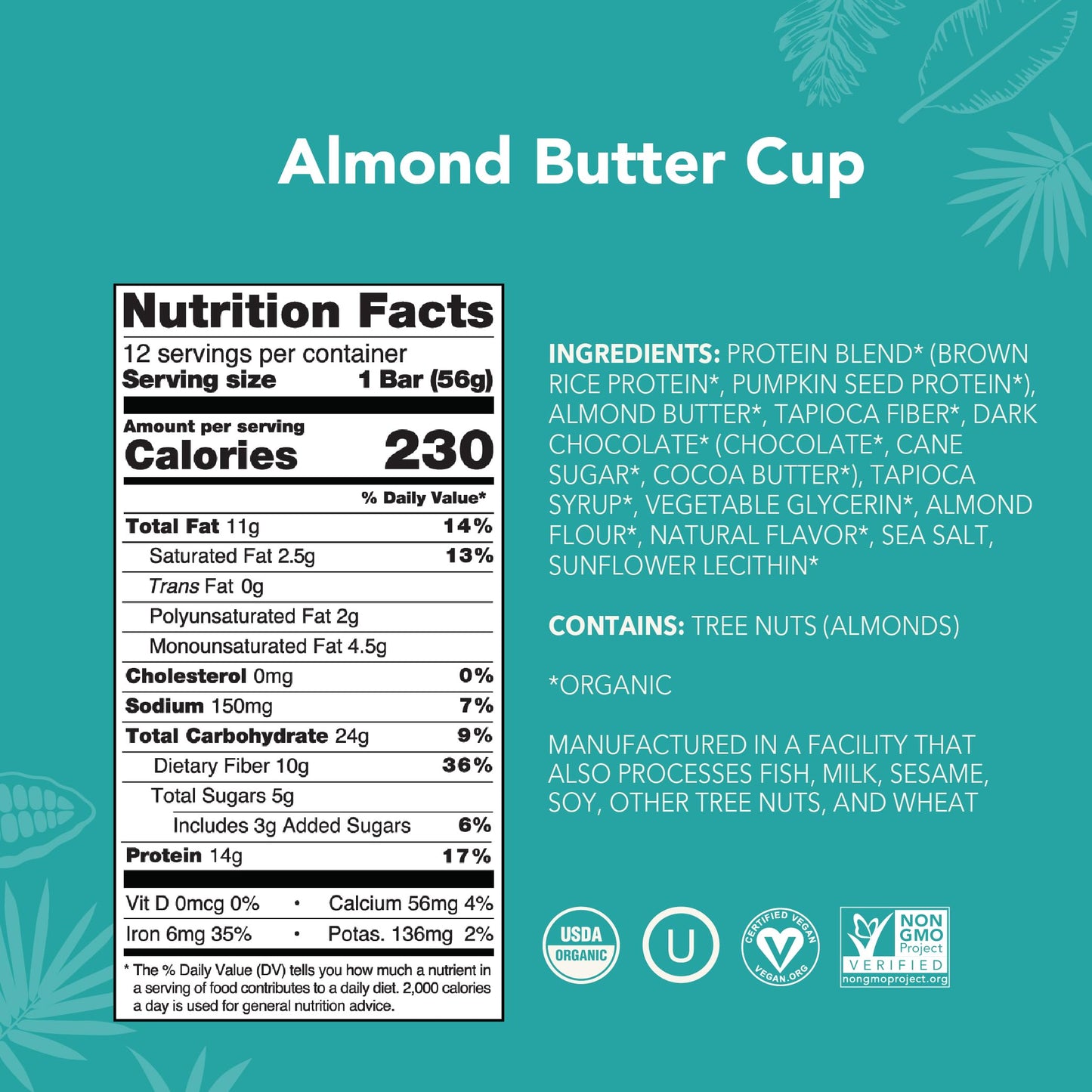 ALOHA Organic Plant Based Protein Bars - Almond Butter Cup - Vegan, Gluten-Free, Low Sugar - 12 Bars, 1.7 x 4.15 x 0.375 inches