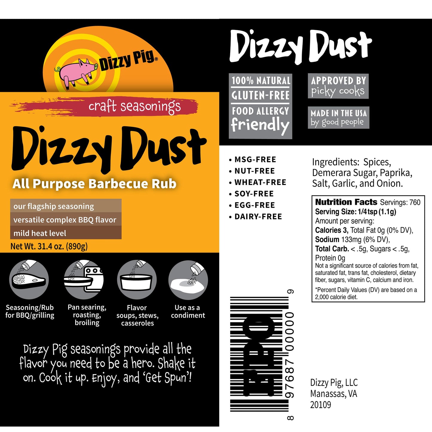 Dizzy Pig Dizzy Dust All-Purpose Barbecue Seasoning Rub (Quart Shaker) - Hand Made In The Usa - Seasons Around 120Lbs Of Food - Msg Free, Gluten Free