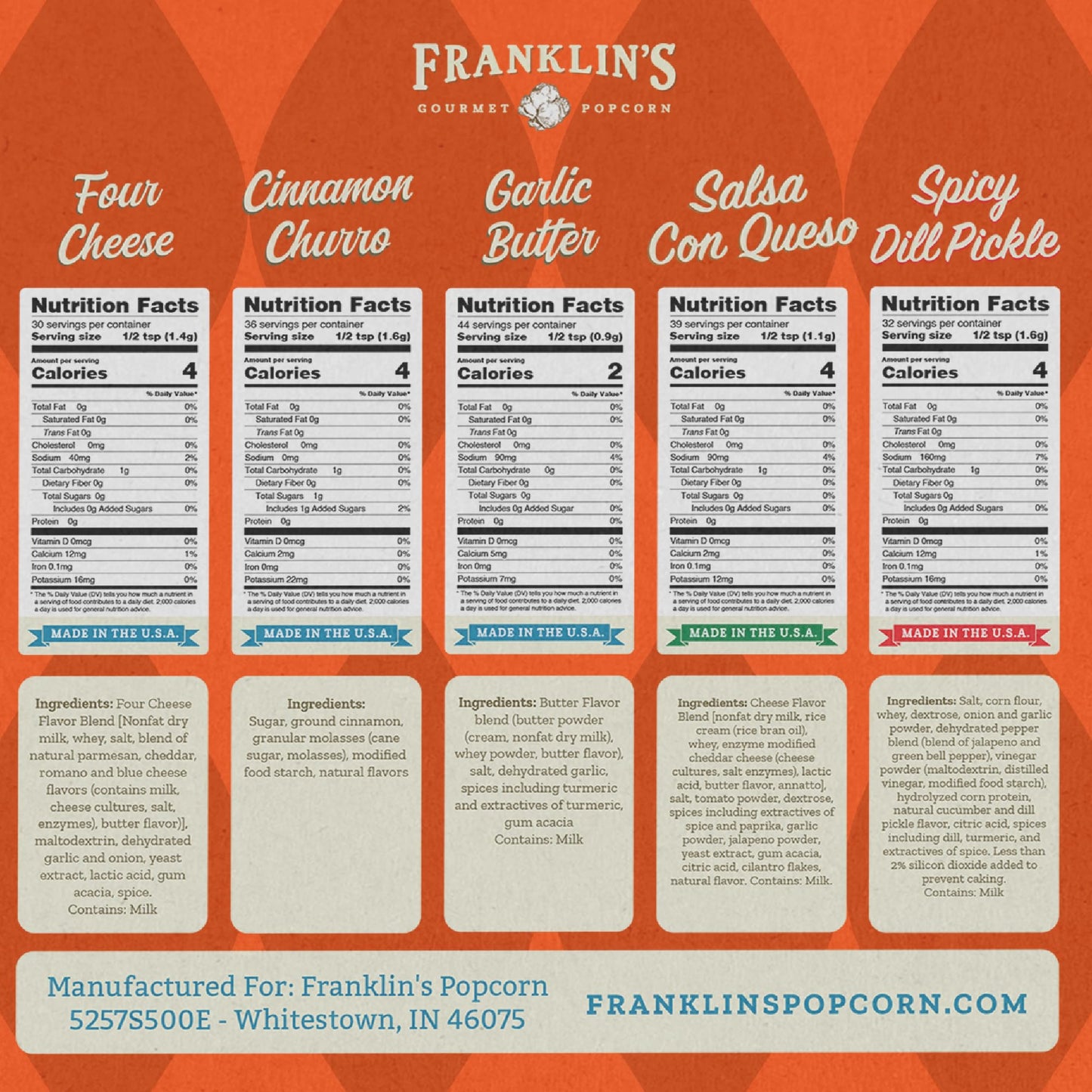 Franklins Gourmet Popcorn Seasoning Powder Variety Pack - 5 Flavors, 7.58 Ounce, Made in USA