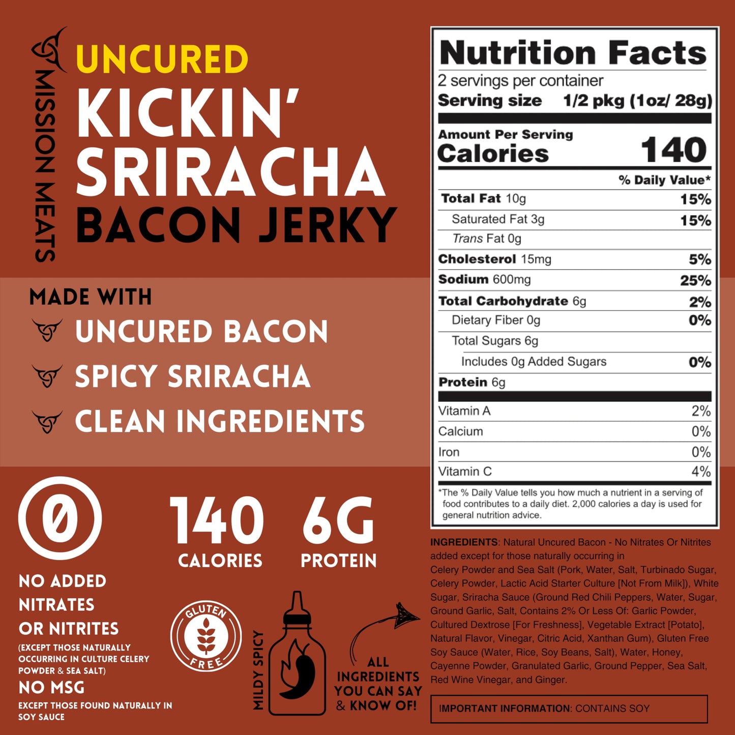 Mission Meats Candied Sriracha Bacon Jerky, Small Batch Snack, 2oz Bags, Pack of 3