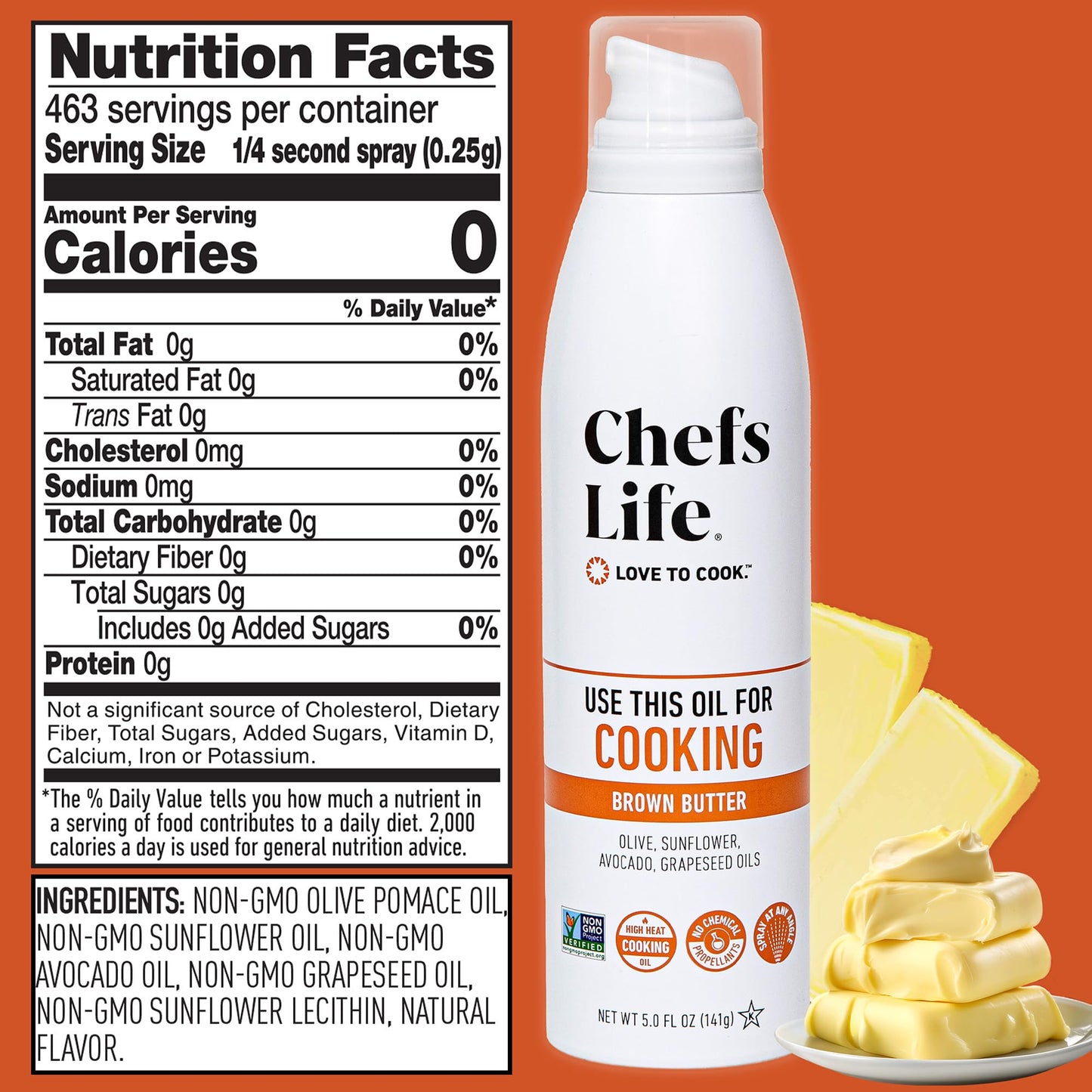 Chefs Life Brown Butter Cooking Spray - Cooking Oil Spray, Non Stick Olive Oil Spray With Avocado Oil And Grapeseed Oil For Cook