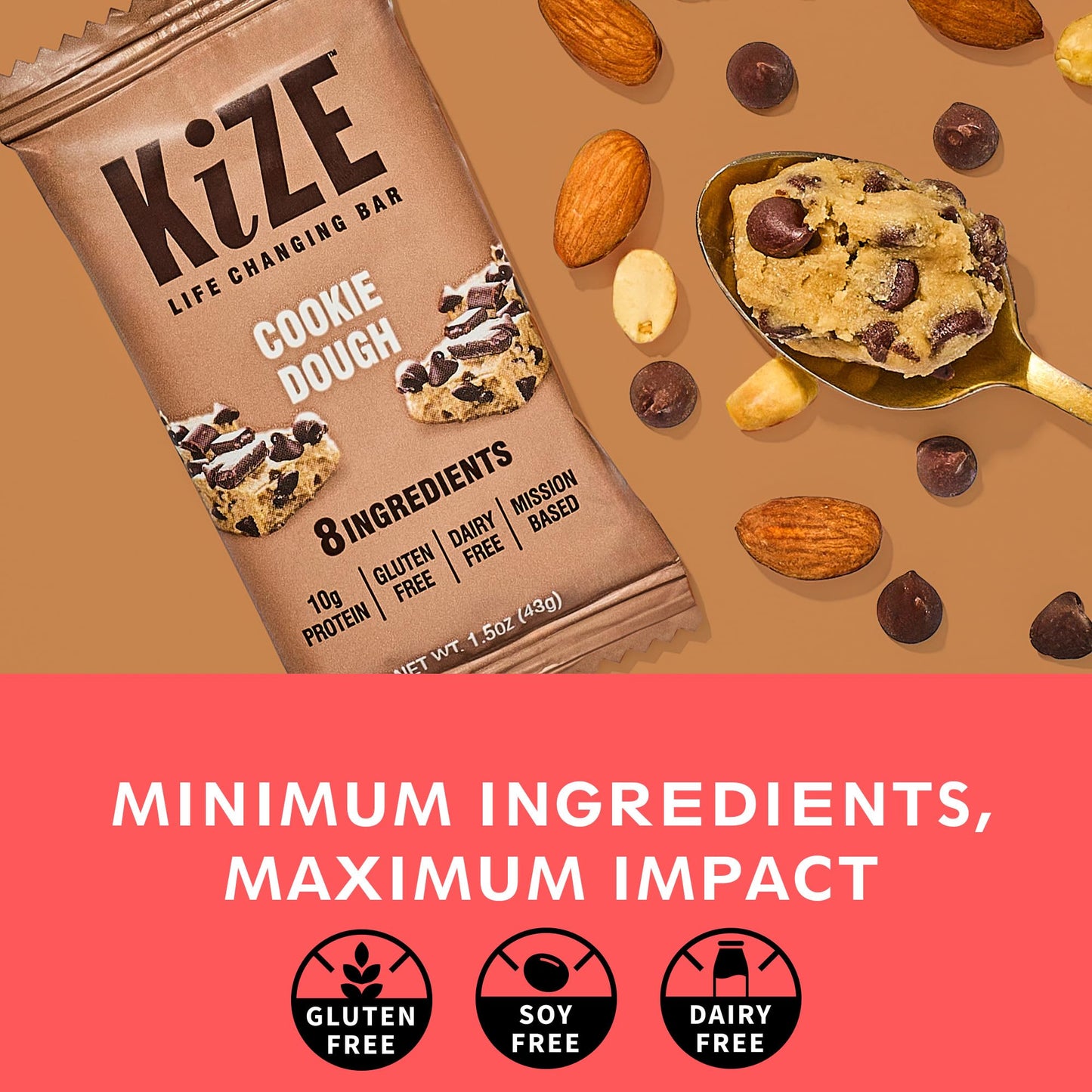 KiZE Energy Bars - Cookie Dough - Gluten Free, Dairy Free, Non-GMO, and High Protein Meal Replacement Energy Bars, Clean and Sim
