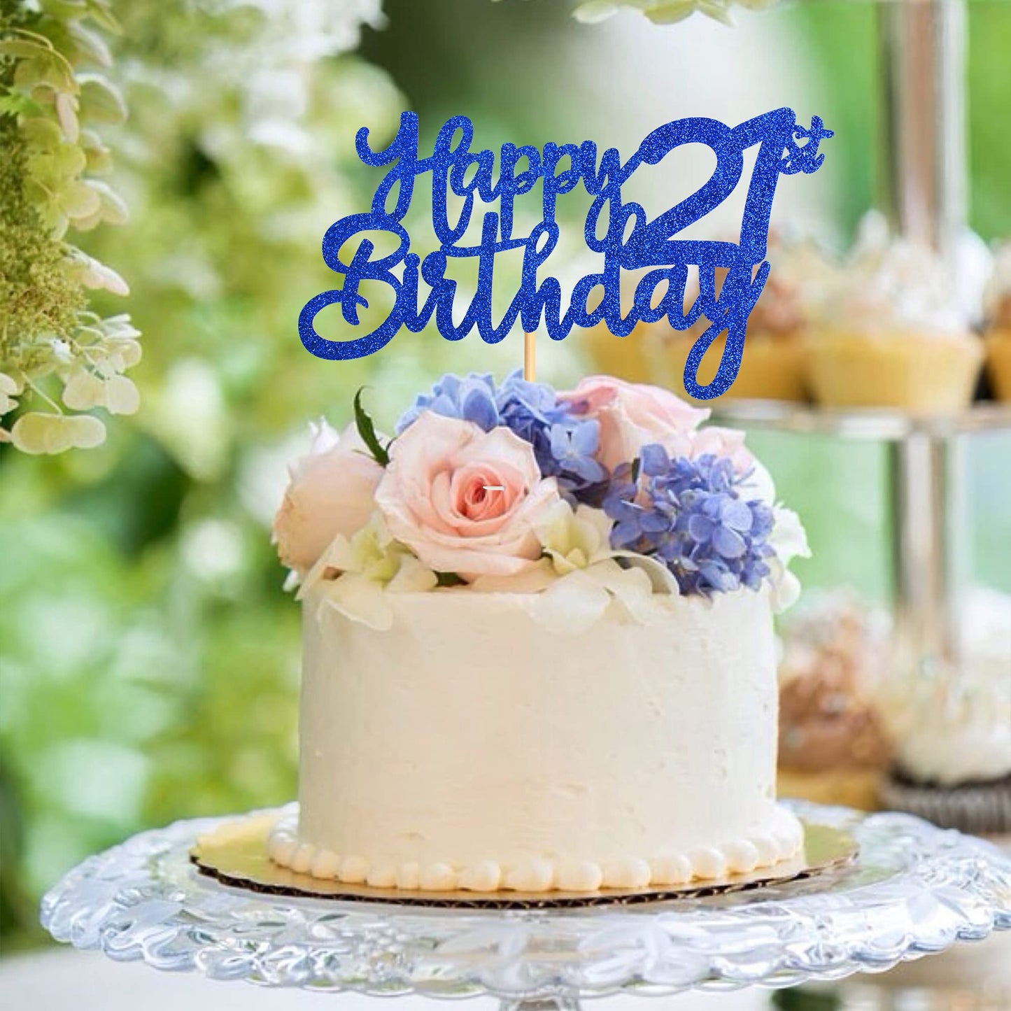 Sioditin Cake Topper - Bule Glitter 21st Birthday Decoration - Medium Size - Paper Material