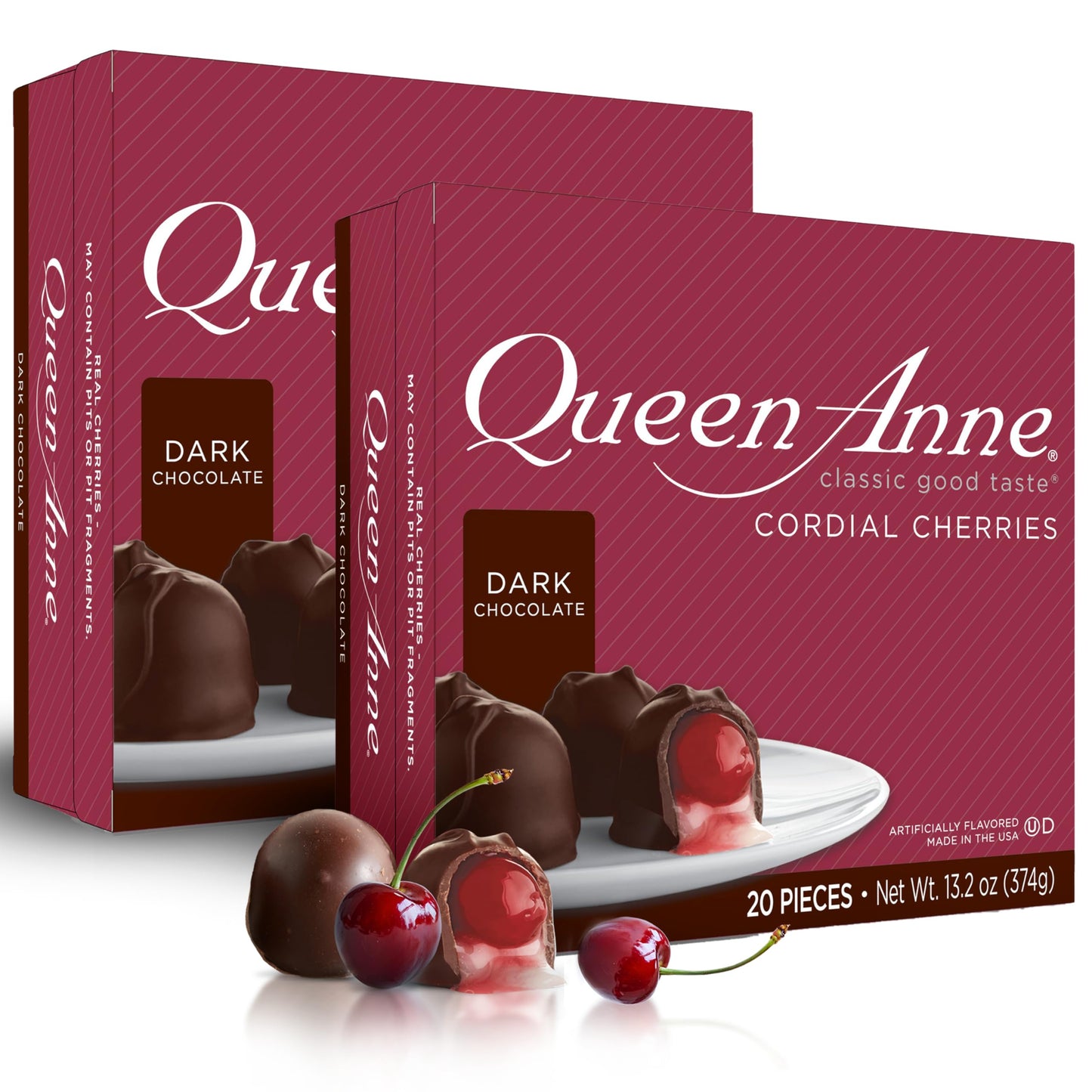 Queen Anne Dark Chocolate Covered Cordial Cherries | 13.2 Oz (Pack Of 2) | 20 Piece Gift Boxes | Whole Maraschino Cherry Creamy Filled Liquid Center | Holiday Party Chocolate Candy