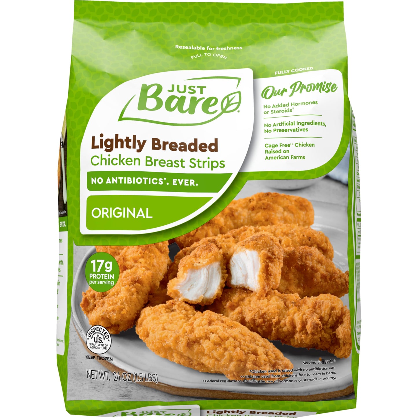 Just Bare Lightly Breaded Chicken Breast Strips | Fully Cooked | 16G Protein |Frozen | 1.50 LB